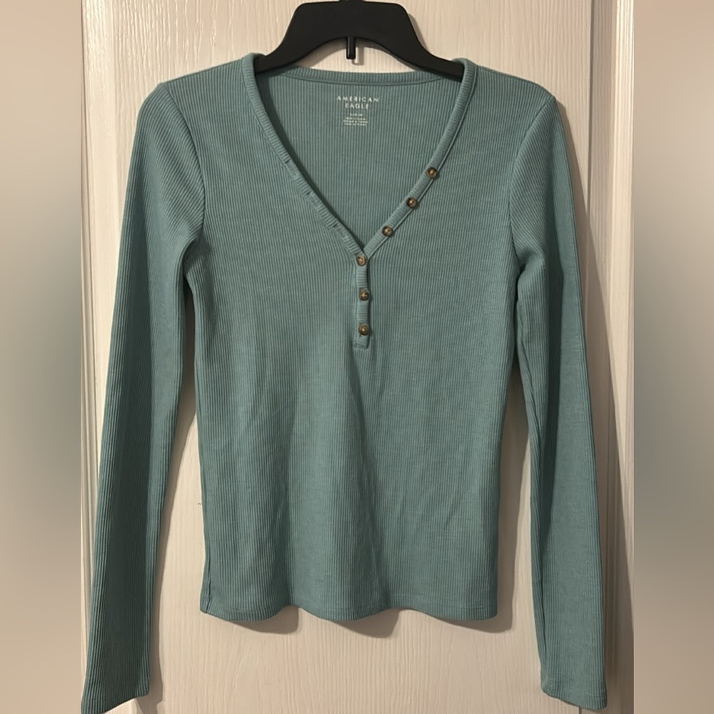 American Eagle Outfitters Ribbed V-Neck Long Sleeve Top in Teal Green
